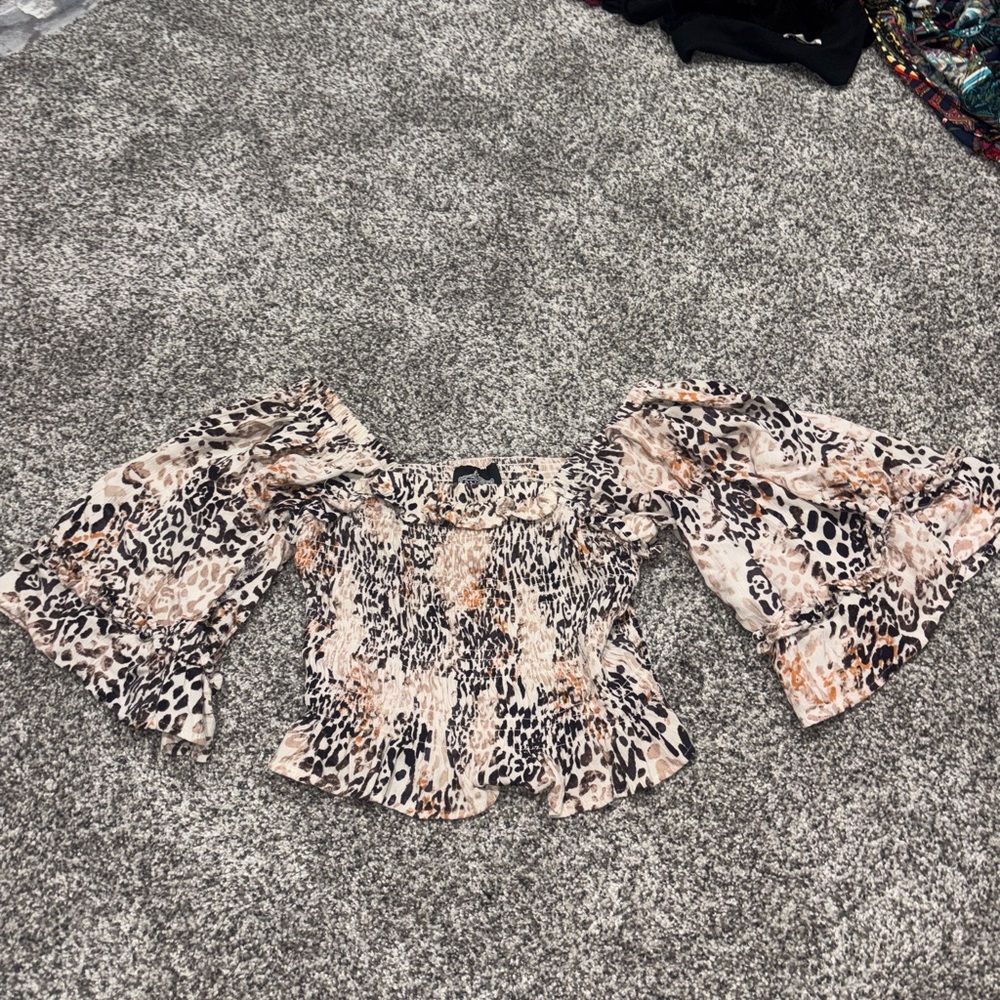 Angie Beige and Black Leopard Smocked Off-Shoulder Crop Top